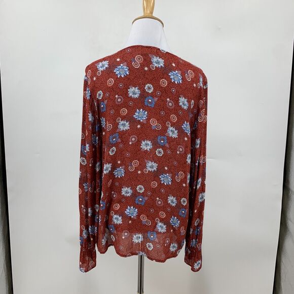 Lucky Brand Blouse Women M Rust Multi Floral Shirred Shoulder V Neck Long Sleeve - Picture 7 of 13